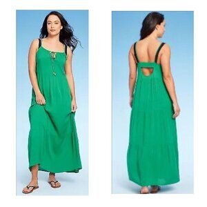 Kona Sol Green Sleeveless Tiered Maxi Dress W Adjustable Neck Smocked Back 12/14